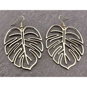 Large Tropical Gold Tone Monstera Palm Leaf Earrings